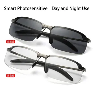 Men Polarized Sunglasses Photochromic Day Night Driving Half Frame Metal Alloy UV400 Anti Glare Square 3043 Eyewear