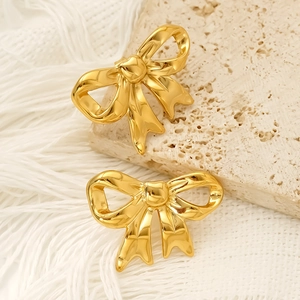 Minimalist 18k gold plated stainless steel bow earrings with a polished metallic finish