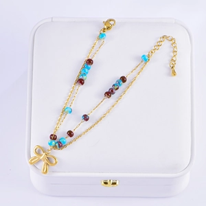 French vintage beaded double-layer bracelet with colorful beads and a golden bow pendant