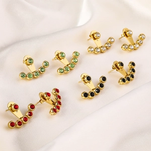 Elegant stainless steel multi-color gemstone studs in a gold finish with a curved design