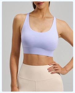 Close-up of light purple high-impact sports bra with cross-back mesh and wide straps