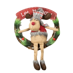 Christmas rattan wreath featuring a plush elk doll with pine needles and berries for door decor