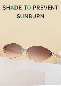 Macro detail of rimless sunglasses with diamond-cut brown gradient lenses and gold rhinestones