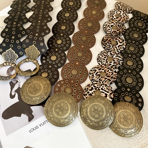 Vintage bohemian waist belts with metal studs and round floral engraved buckles in four colors