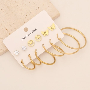 Set de 6 paires de boucles d'oreilles en acier avec papillons dorés et créoles