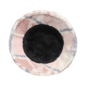 Chapeau bob en peluche à carreaux rose et gris avec doublure chaude et cordon de serrage
