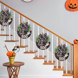 Set of 4 Halloween wooden ghost door signs with black ribbons and hello BOO text