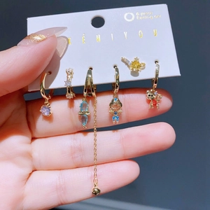 Exotic 6-piece earring set featuring genie lamp and monkey charms with colorful zircon