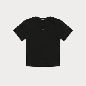 Slim fit black cropped T-shirt with white cross embroidery and lyocell fabric