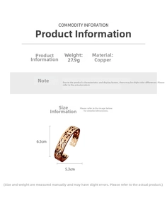 Detailed size chart for 18K gold-plated open bangle with 6.5cm height and copper material