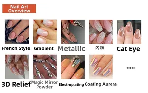 Detailed grid showing French style, cat-eye, and 3D floral nail art effects and finishes