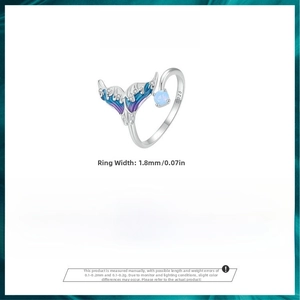 Detail showing 925 silver mermaid tail ring with 1.8mm width and blue enamel