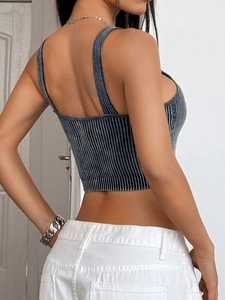 Rear view of grey ribbed knit cropped tank top showing slim fit and back strap detail
