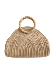Minimalist beige woven rope tote bag with round handle in semi-circular design