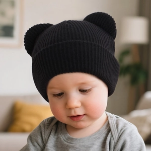 Baby winter knit beanie with cute bear ears and fold-over cuff in solid black color