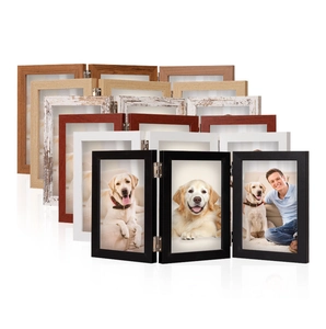 Detailed view of foldable triple wooden photo frames in various colors and wood finishes