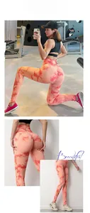 Detailed views of pink tie-dye high waist yoga pants showing scrunch butt and seamless fabric
