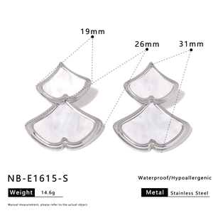 Double-layered fan-shaped stainless steel earrings with white shell inlay for women