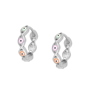 Detail showing S925 sterling silver hoop earrings with colorful enamel evil eye charms