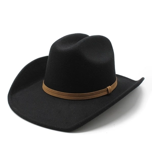 Classic black wool fedora cowboy hat with wide brim and brown leather band detail
