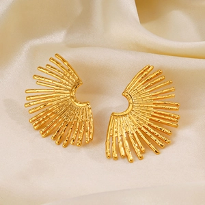 18K gold plated stainless steel fan earrings with radial texture on beige silk background