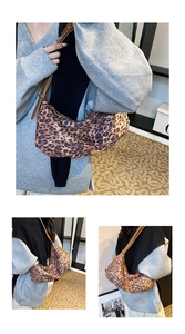 Three-way split view of a leopard print crescent bag styled for daily commute