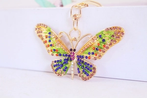 Macro view of colorful crystal butterfly keychain with golden metal clasp and ring