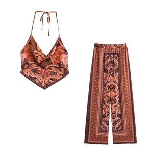 Women Halter Neck Scarf Top And Wide Leg Pants Bohemian Paisley Print Satin Vacation Summer Outfits