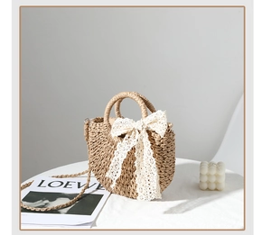Detailed macro view of woven straw texture with elegant beige lace bow on the beach bag