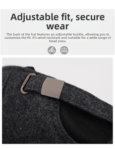 Detail of adjustable metal buckle and thick grey wool texture on a men's baseball cap