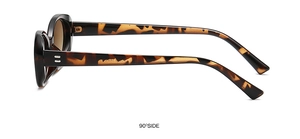 Side view of tortoise shell oval sunglasses featuring brown UV lenses and silver accents