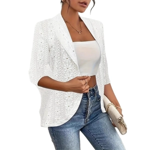 Close-up of white lace cardigan with intricate floral embroidery and sheer textures