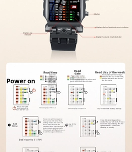 Binary LED watch operation guide showing time reading and matrix display settings