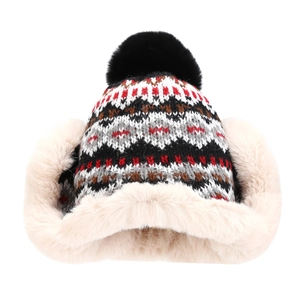 Winter thermal knit trapper hat with ethnic jacquard pattern and fluffy pompom