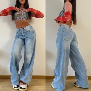 Women High Waist Wide Leg Jeans Washed Light Blue Vintage American Style Denim Pants Straight Long Trousers