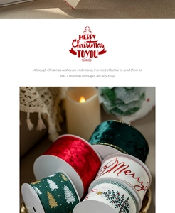 Close-up of velvet Christmas ribbons with Merry embroidery and festive gold trim accents