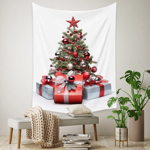 Christmas tree tapestry with 3D gift box print hanging over a minimalist bench