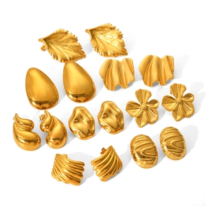 Golden titanium steel earrings featuring pleated textures and geometric floral shapes