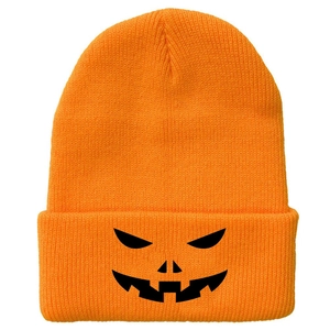 Orange Halloween knit beanie with spooky pumpkin face embroidery for winter sports