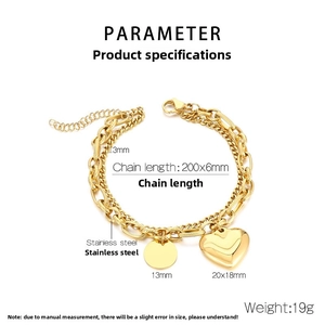 Detailed technical diagram of 18K gold-plated stainless steel double heart bracelet
