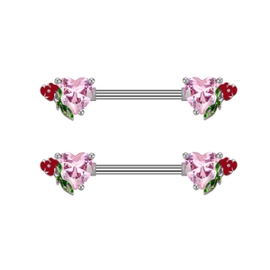 Detail of pink heart-shaped zircon nipple rings with ladybug and green leaf design
