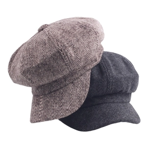 Woolen newsboy caps in brown and grey herringbone pattern for men and women