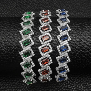 Irregular adjustable open bracelets with rectangular gems in green, orange, and blue