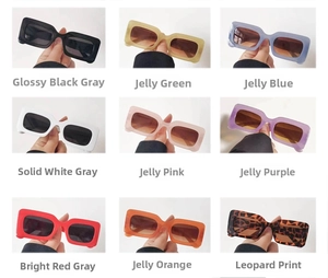 Detailed grid of nine trendy square frame sunglasses in various colors and textures