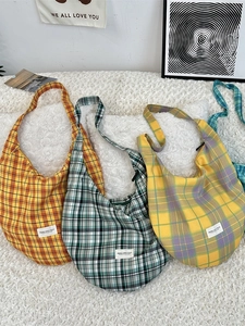 Plaid Canvas Shoulder Bag Hobo Tote Large Capacity Commuter Retro Style Women Students