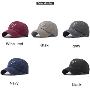 Distressed cotton baseball caps with heart embroidery in wine, khaki, grey, navy and black