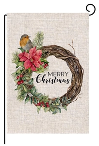 Detail showing high-quality linen texture of garden flag with watercolor Christmas wreath