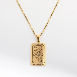 Gold stainless steel Strength tarot card necklace with lion pendant and VIII engraving