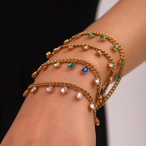 Stainless Steel Cuban Chain Bracelet For Women Water Drop Zircon Tassel Charms Elegant Accessory Non Tarnishing
