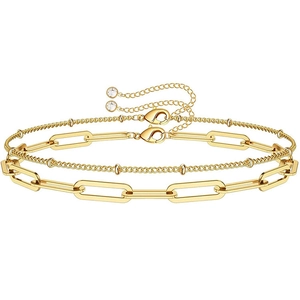Double Layer Bracelet Stainless Steel Paperclip Chain And Beaded Satellite Link Geometric Minimalist Adjustable For Women